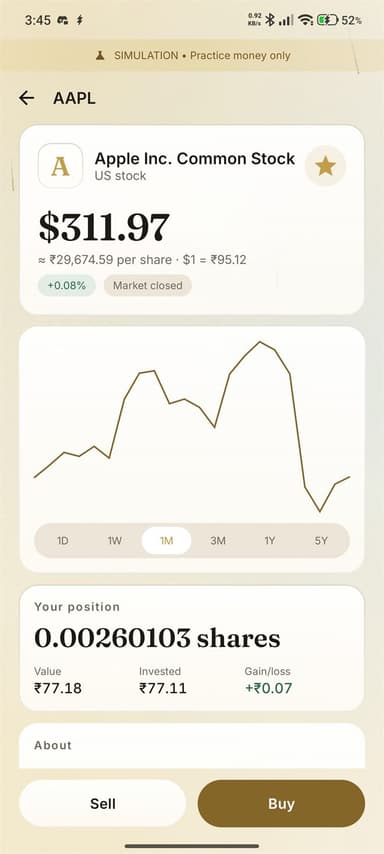 Apple Inc. Common Stock at $311.97, about ₹29,675 per share, with a price chart and a holding of 0.00260103 shares worth ₹77.18.