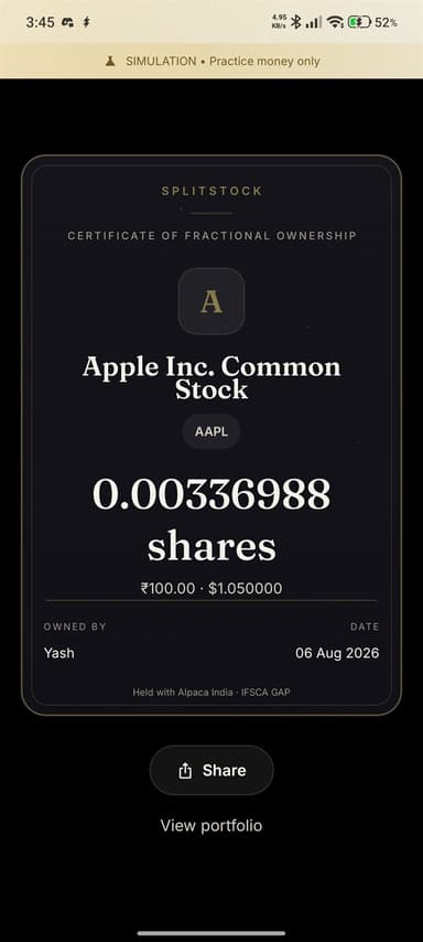A SplitStock certificate of fractional ownership for 0.00336988 shares of Apple, bought for ₹100.